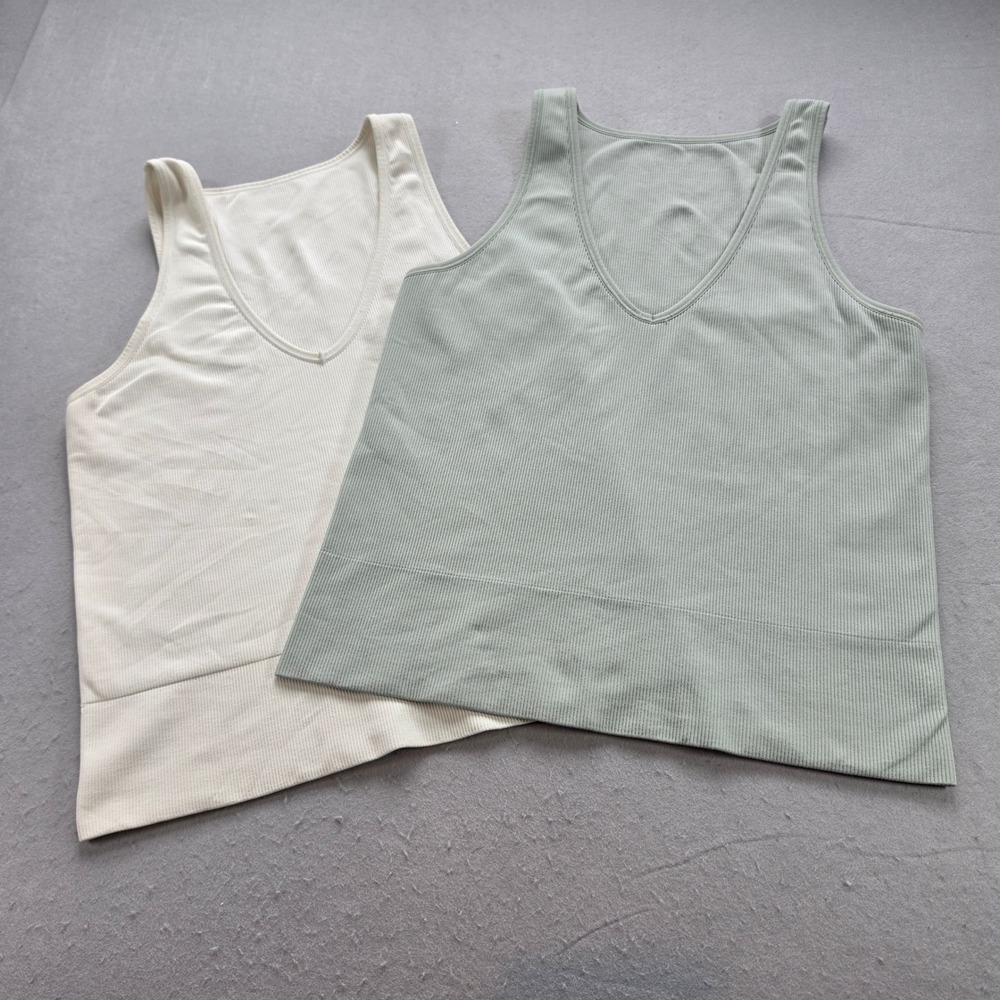 Set of 2 Ribbed V-Neck | Sage Green & Cream | Minimalist Basic | Women's Size M
